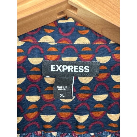 Express Men Button Shirt Sz XL Navy Geometric Print Short Slv Rayon Modern Artsy - Picture 3 of 9